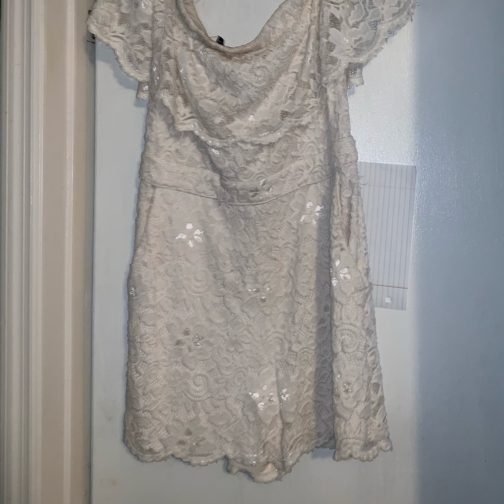 Beige .off shoulder lace romper